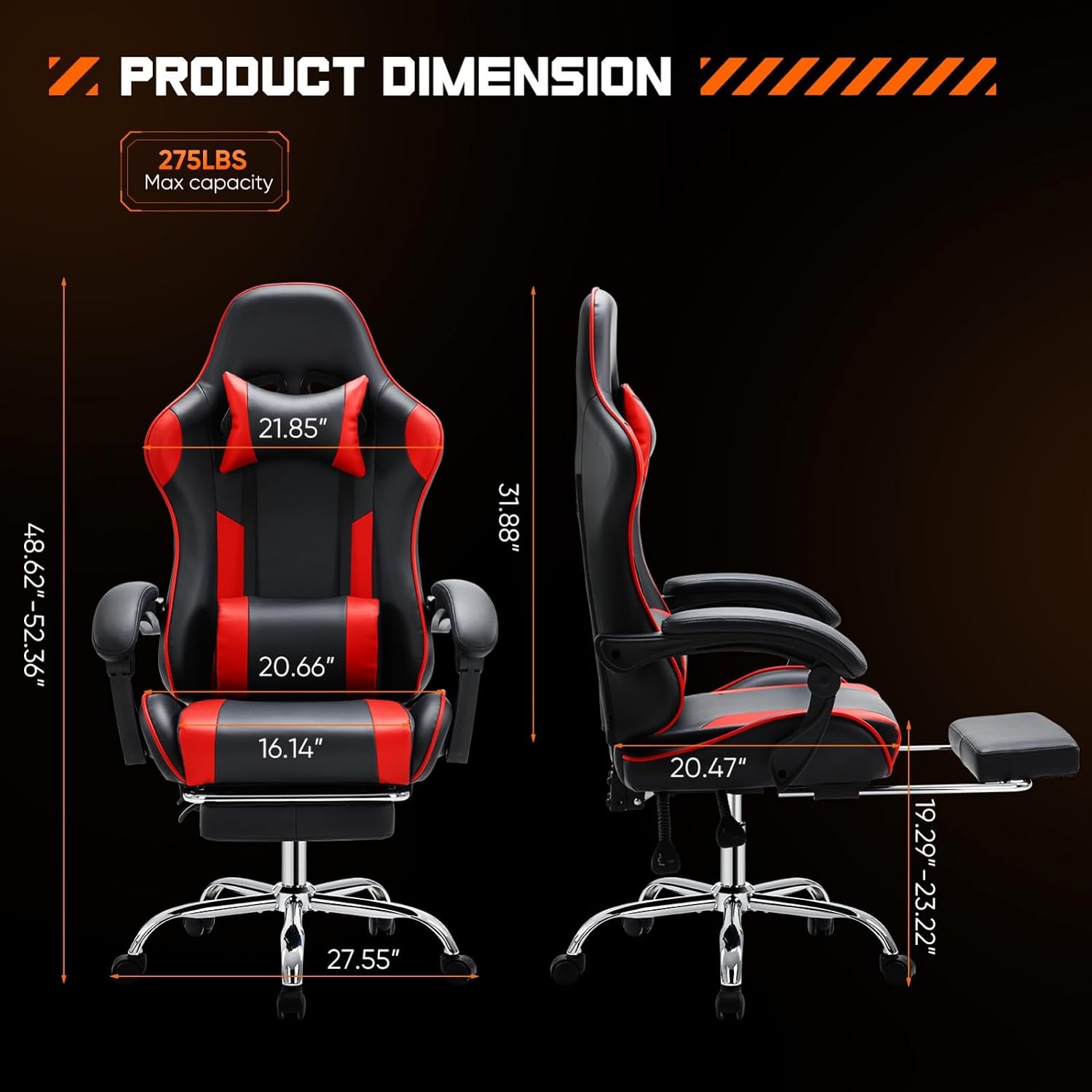 Heavy Duty Gaming Chair, Ergonomic Gamer Chair for Home Office with Footrest, Lumbar Support, Adjustable Backrest, Stable 360° Swivel Wheels for Adults, Professional Gamers and Teens, Red