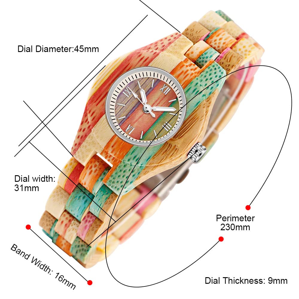 Tiong Reloj de madera para mujer Colorido Bambú Relojes de cuarzo Relojes de mujer Relojes analógicos Números Romanos Relojes de Madera Reloj de Madera para Mujeres, Wq1109-colorido, Retro