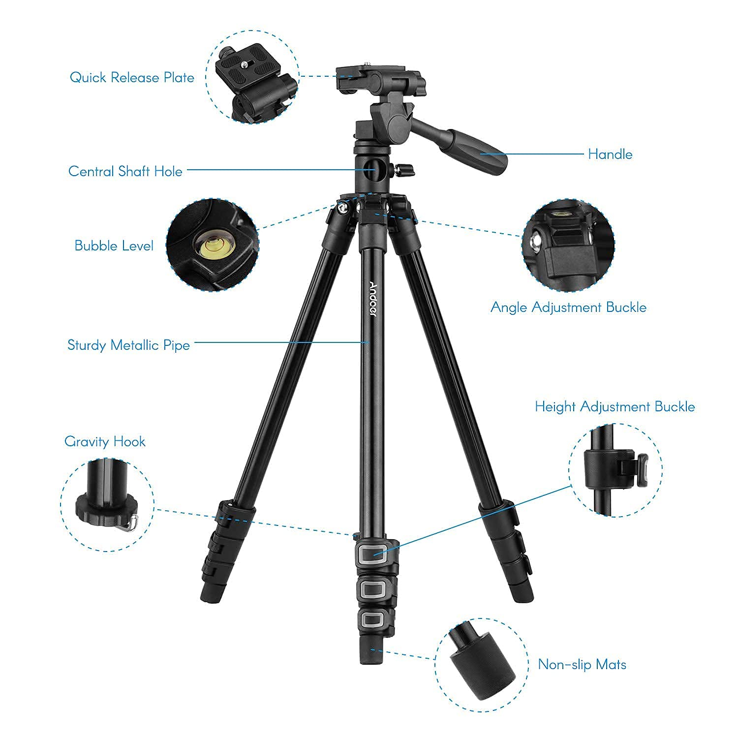 Andoer Q160HA profesjonalny statyw wideo poziomy montaż wytrzymały statyw do kamery z 3-drożną głowicą i pochyloną głowicą do kamer DSLR mini projektor kompatybilny z Canon Nikon Sony