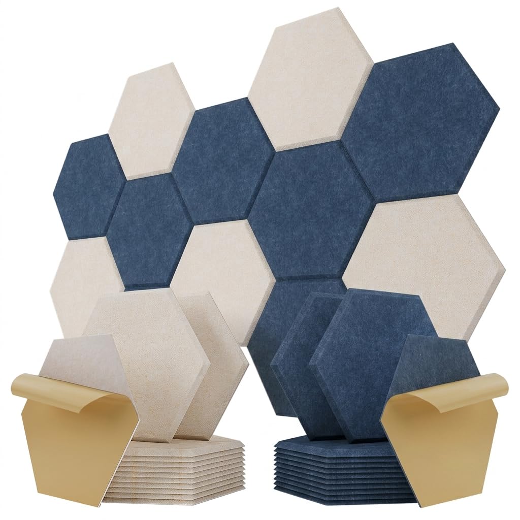 Kuchoow 24er Hexagon Akustikplatten Selbstklebend, 12 Stück Beige+ 12 Stück Dunkelblau Bundle, Schallabsorber Wand Akustikpaneele Filz für Studio, Gaming, Büro, Decke, Tür, 30x26x0,9 cm