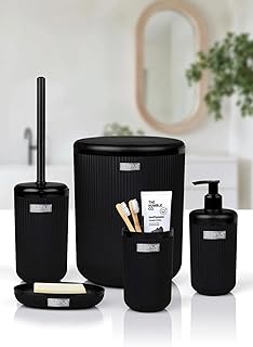 5-teiliges Badezimmer Zubehör Set Rund Schwarz – Luxus Modernes Bad Set mit Zahnbürstenhalter, Becher, Toilettenbürste, Seifenschale & Mülleimer