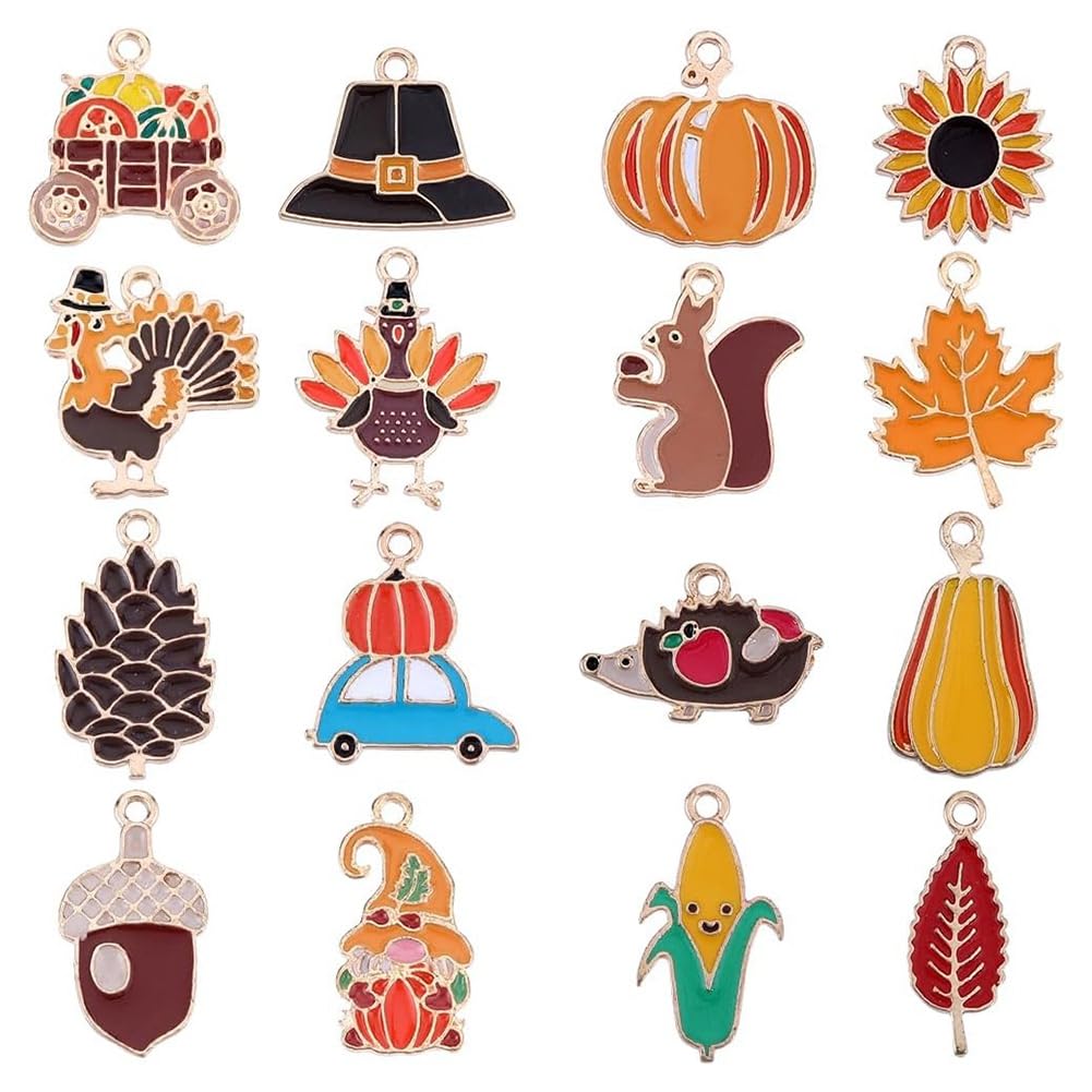 Vjsujehgy 64Pcs Thanksgiving Enamel Charms Alloy Fall Charm Bulk Alloy Autumn Harvest Sunflower Turkey Pumpkin