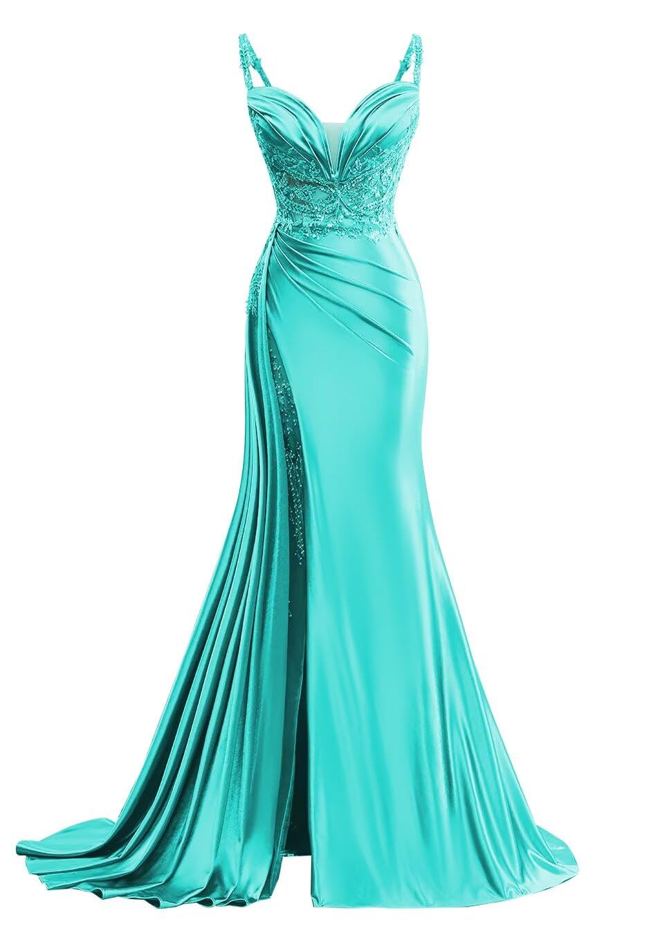 V Neck Satin Prom Dress Long Mermaid Lace Evening Gown