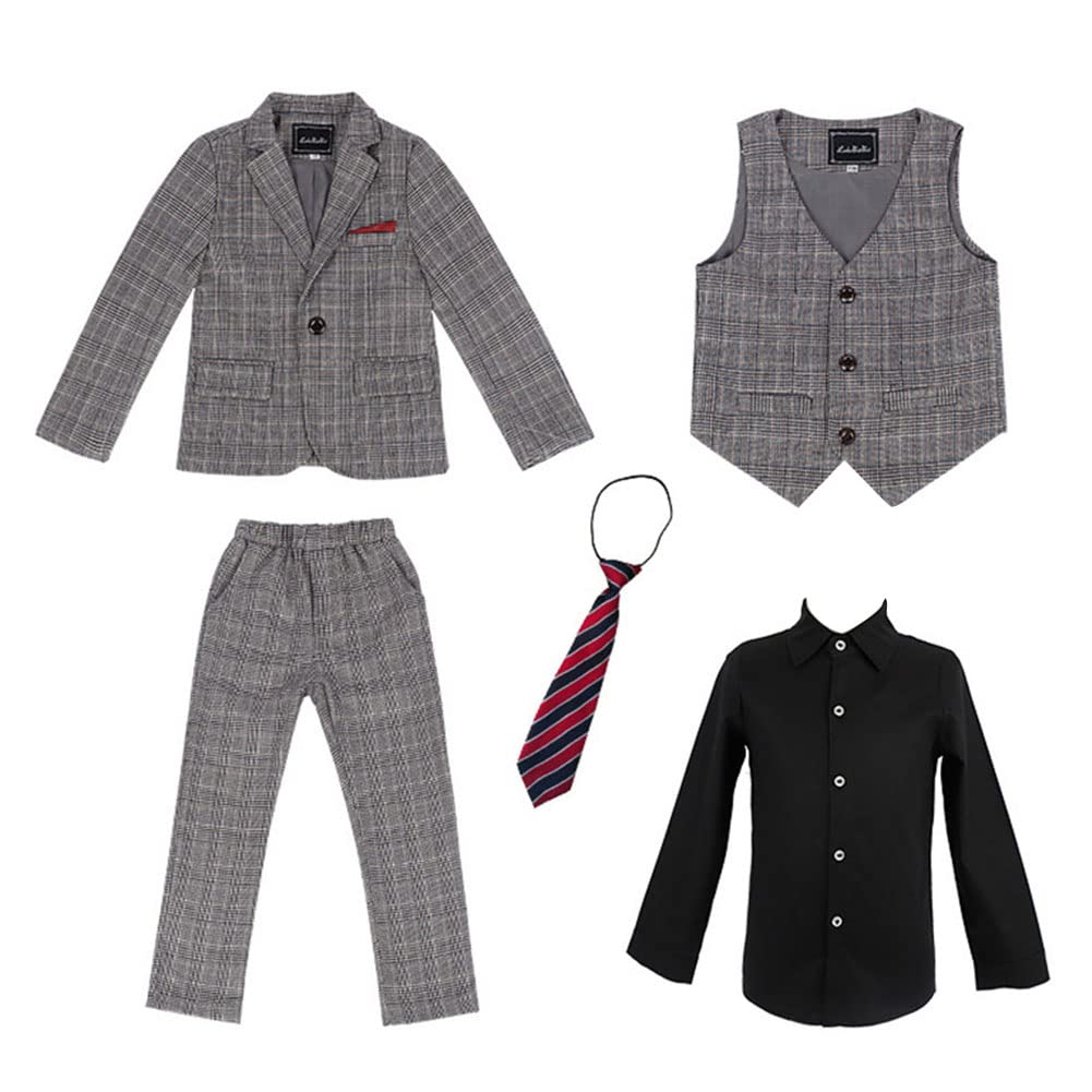 DAIHAN Traje de niño Traje a Cuadros de Boda con Esmoquin y Pajarita Ropa Fiesta Formal de Smoking Conjunto de Trajes de Tweed Ropa de Infantil Traje de Chaqueta y Pantalones Traje de Cena de Fiesta