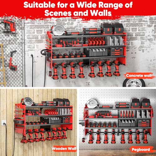 Image of POKIPO Large Power Tool Organizer Wall Mount with Charging Station,4 Layer Heavy Duty Metal Tool Storage Shelf Loads 600lbs,Battery Utility Rack With 4 Outlet Power Strip with 8 Cordless Drill Holder