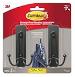 Command Large Matte Black Double Hooks, 2 Hooks and 2 Command Strips, Damage Free Hanging Wall Hooks with Adhesive Strips, No Tools Coat Hooks for Hanging Home Decor, Holds up to 4 lb