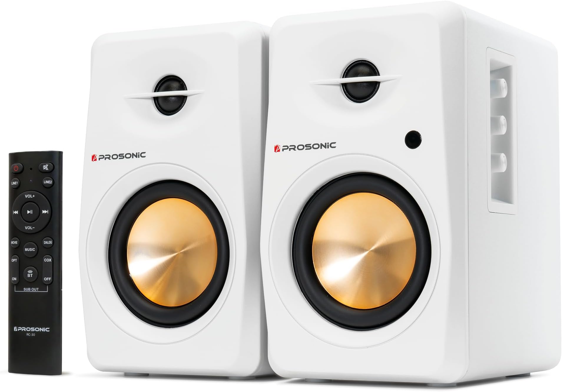 Prosonic BT30 White Bookshelf Speakers - Active Bluetooth 5.3 Powered Studio Monitors, 80W Desktop Computer Audio System with Optical/Coaxial/Aux for Turntable, Home Theater, TV & PC