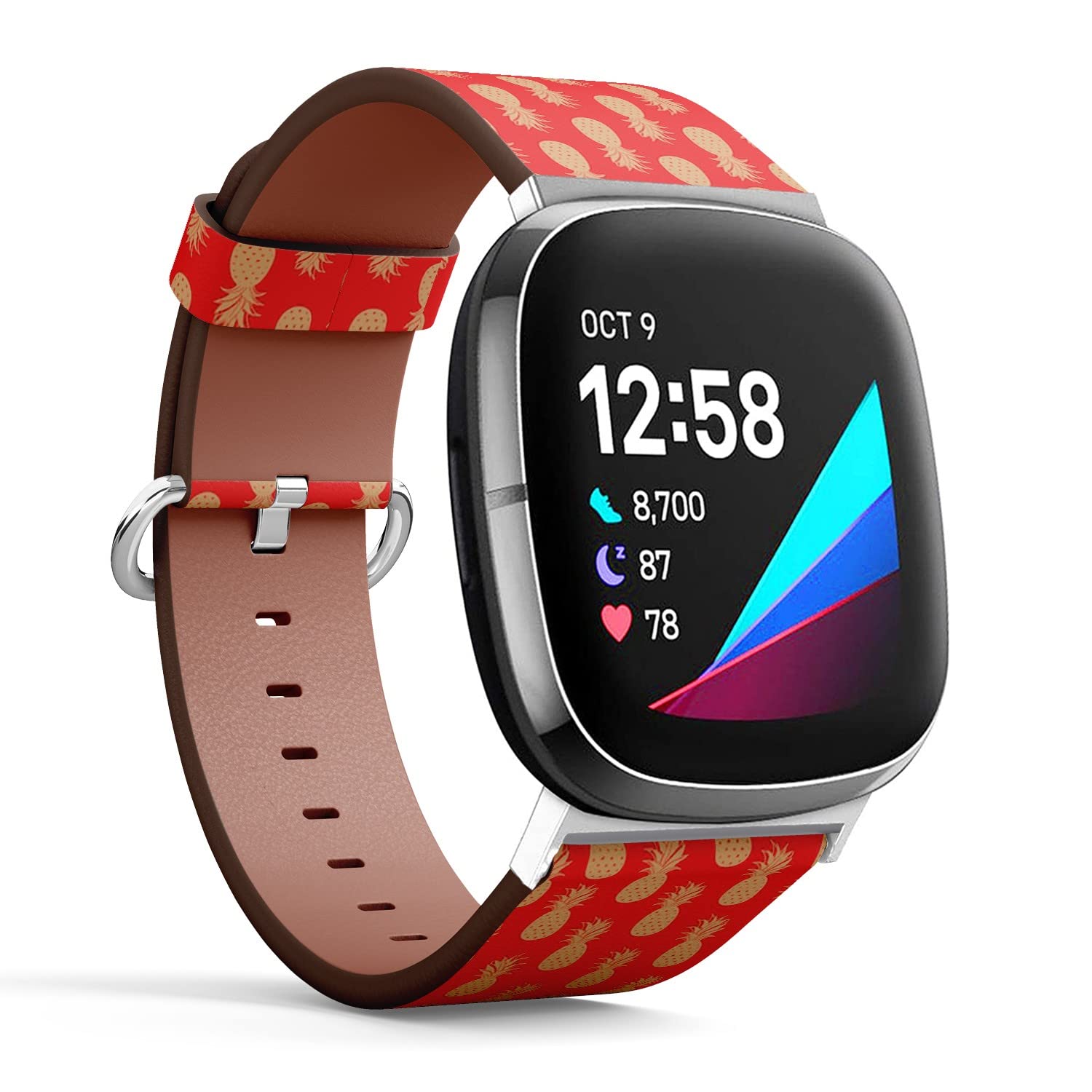 CJBROES Replacement Leather Watch Band, Compatible with Fitbit Versa 3 and Fitbit Sense of Wristband Bracelet Accessory - Gold Pineapple Fruits