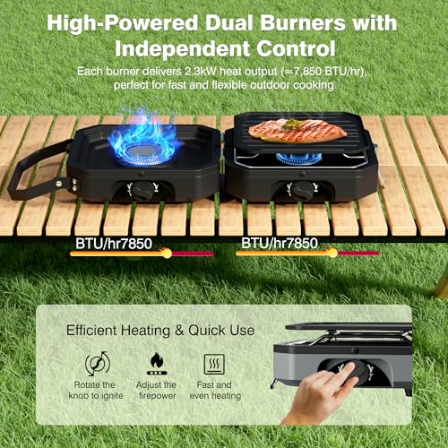 Camping Stove Portable Propane Camp Stove with Independently Adjustable Heat & Carry Bag, Foldable Gas Stove with 2 Burn - Additional View