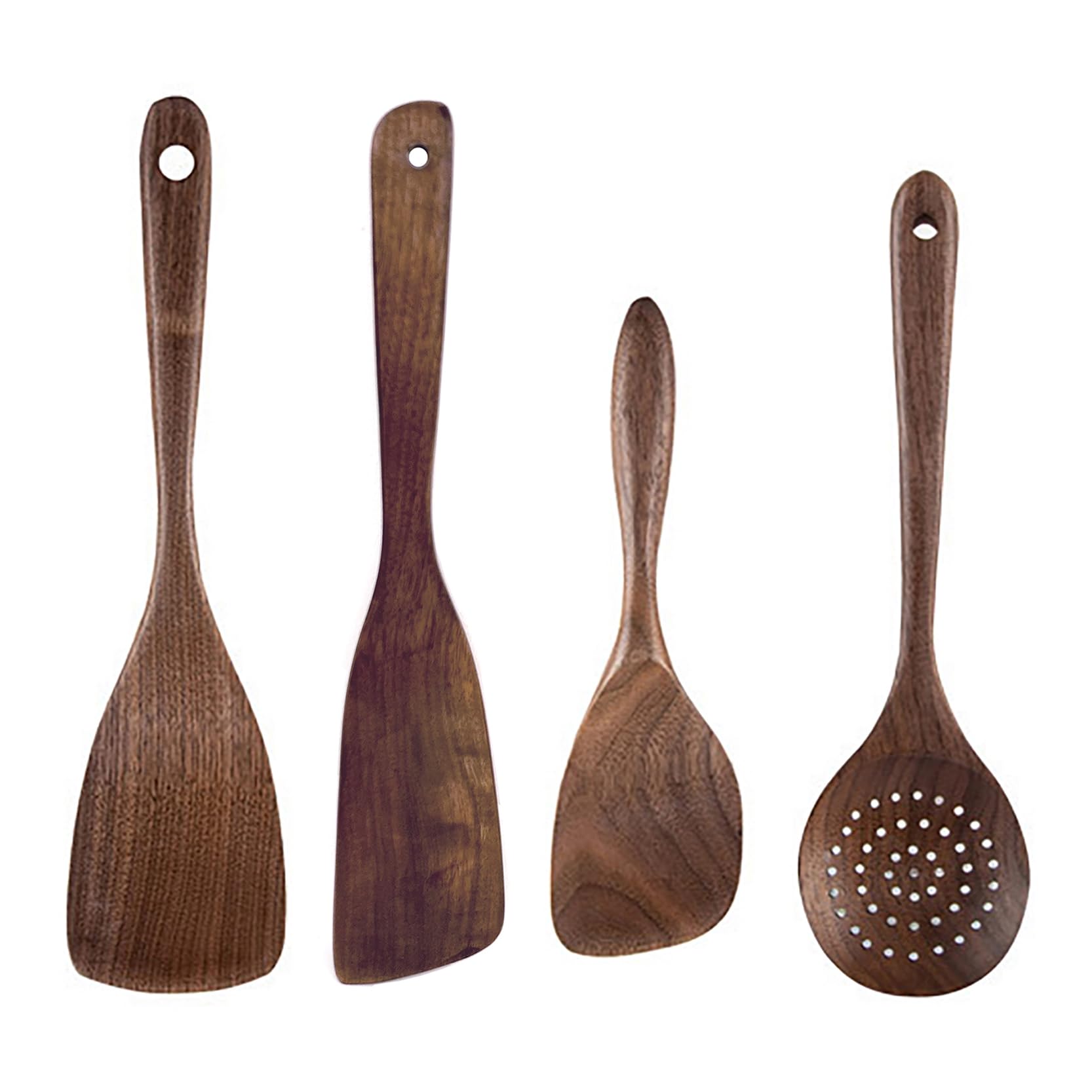 UPTALY 4 pcs Wooden Kitchen Utensils Set (C5), Natural Black Walnut Spoons, Thickened Ladle, Wood Slotted Spatula Turner, Extra Long Mixing Spoon, Scraper