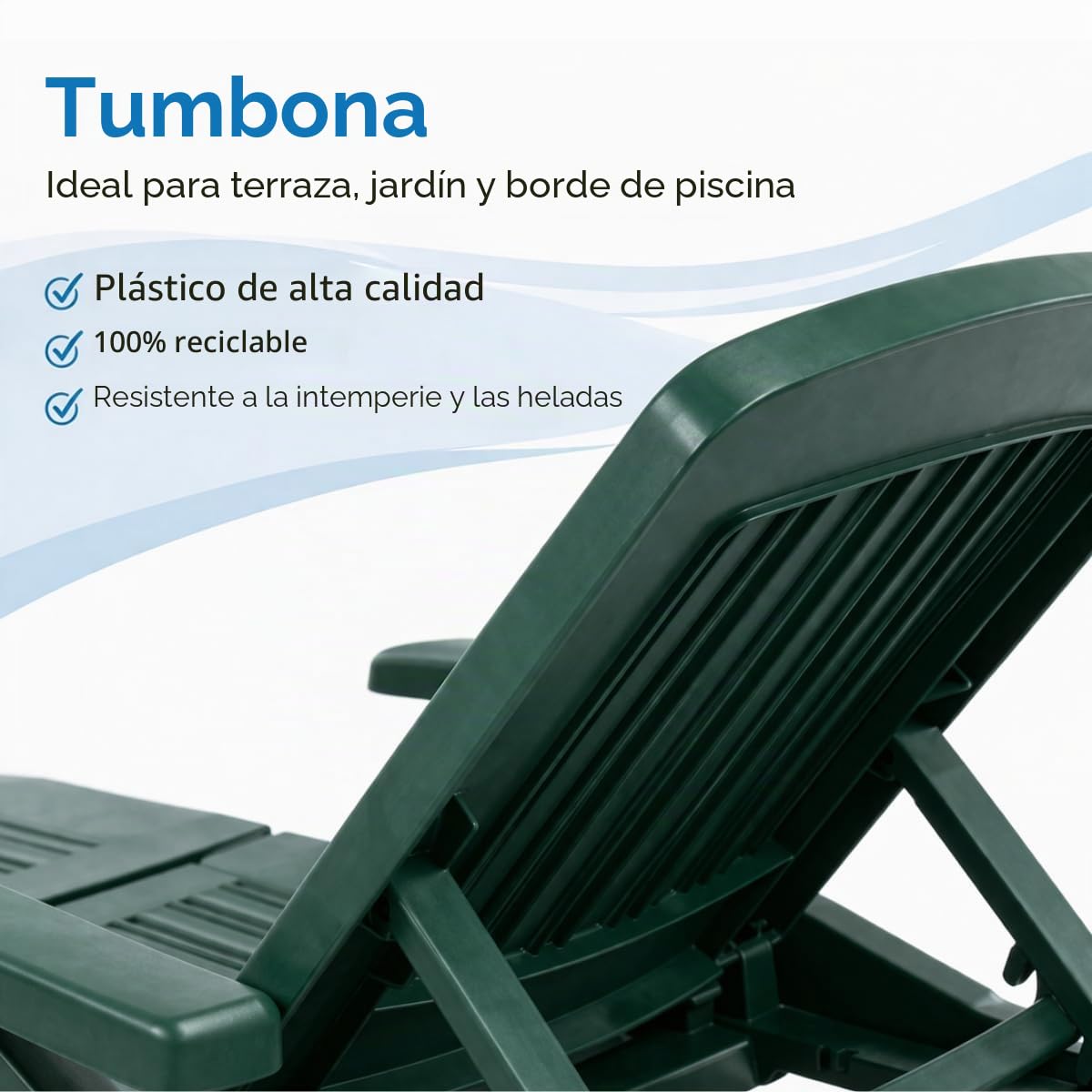 Tomaino - Tumbona de plástico para jardín – Respaldo reclinable, plegable con ruedas – Camping, playa, piscina, para exterior (verde)