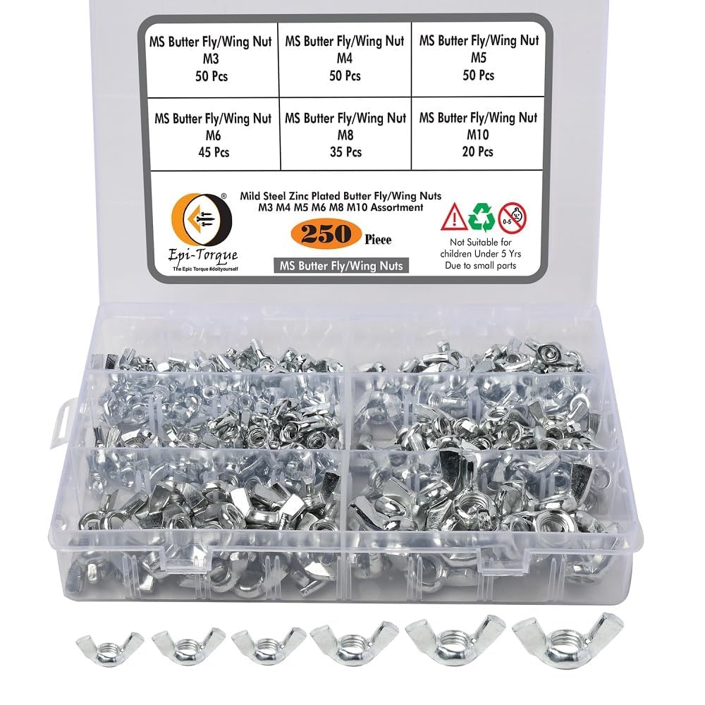 - Epi-Torque 250 Pcs 6 Sizes Butterfly Wing Nuts Assortment Kit, M3 M4 M5 M6 M8 M10 Sizes Zinc Plated Wing Nuts Fasteners