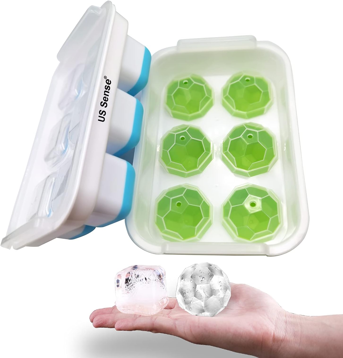US Sense Ice Cube Tray with Lid 2 Pack, Large Ice Ball Maker Mold & Square Ice Cube Mold Set, BPA Free, Silicone Bottom Easy Release Round Ice Cube Mold for Whiskey, Cocktail, Freezer, Blue+Green