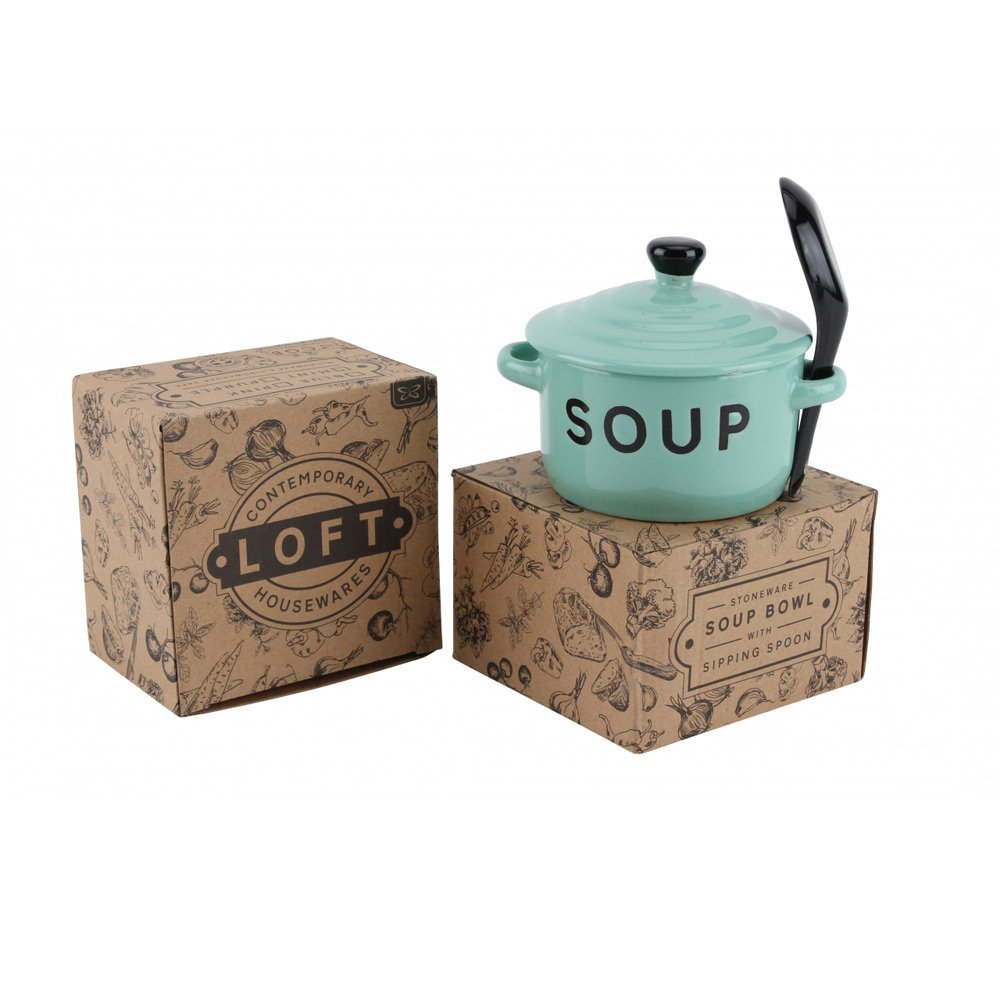 Contemporary Housewares Loft Stoneware Soup Bowl With Lid And Sipping Spoon ~ Mint