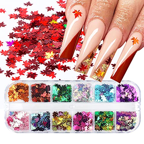 12 Colors Fall Nail Art Stickers Fall Glitter Maple Leaf Nail Art Sequins 3D Laser Autumn Maple Leaves Shape Nail Glitters Flakes Decals Thanksgiving Nails Decorations Manicure Tips Accessories