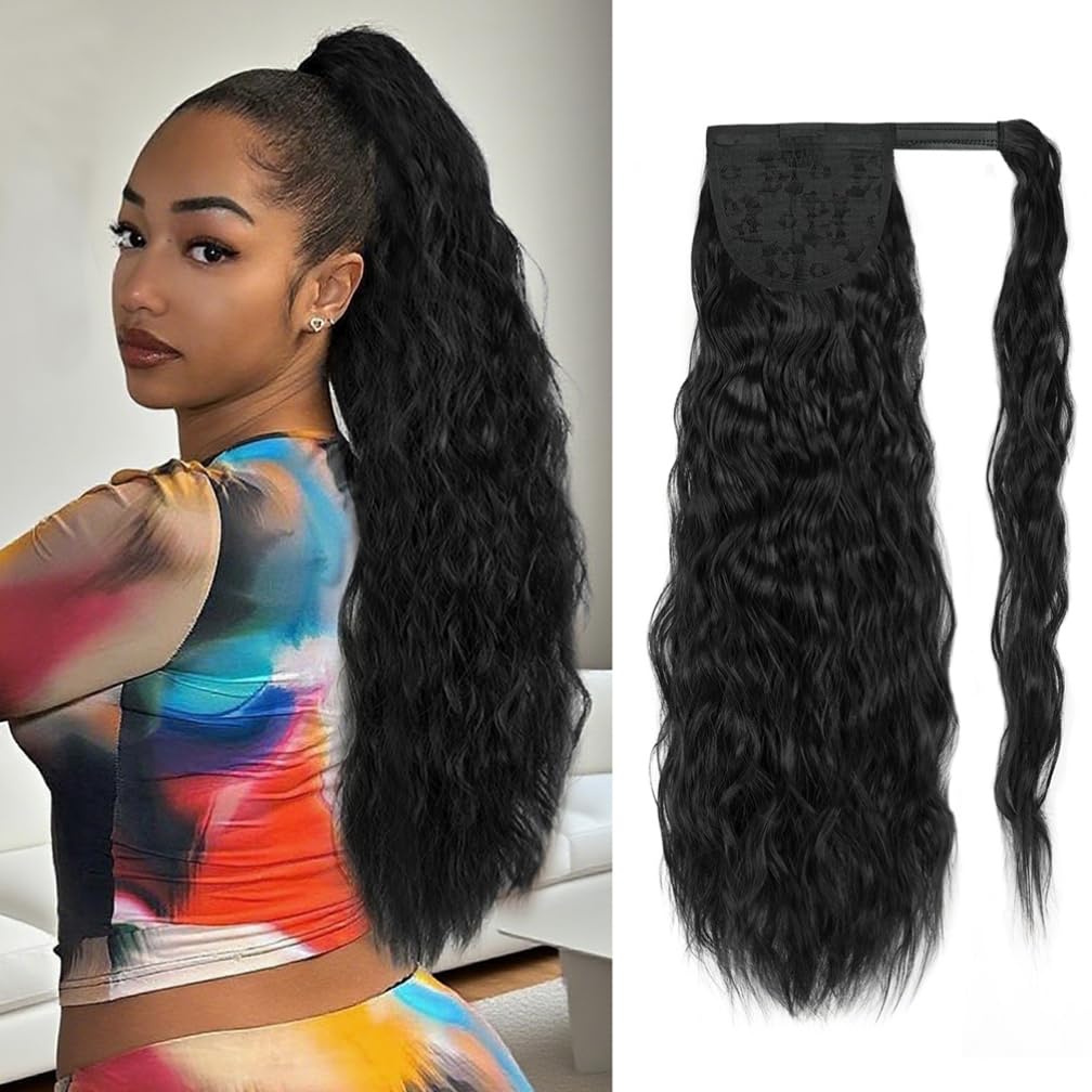 22 Inch Curly Wrap Around Ponytail Extension(1B,Black)