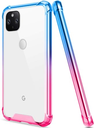 for Google Pixel 5 Case, Clear Cute Gradient Slim Phone Case Cover Reinforced TPU Bumper Hard PC Back Shockproof Protective Case for Google Pixel 5 6.0 Inch 2020 Blue Pink
