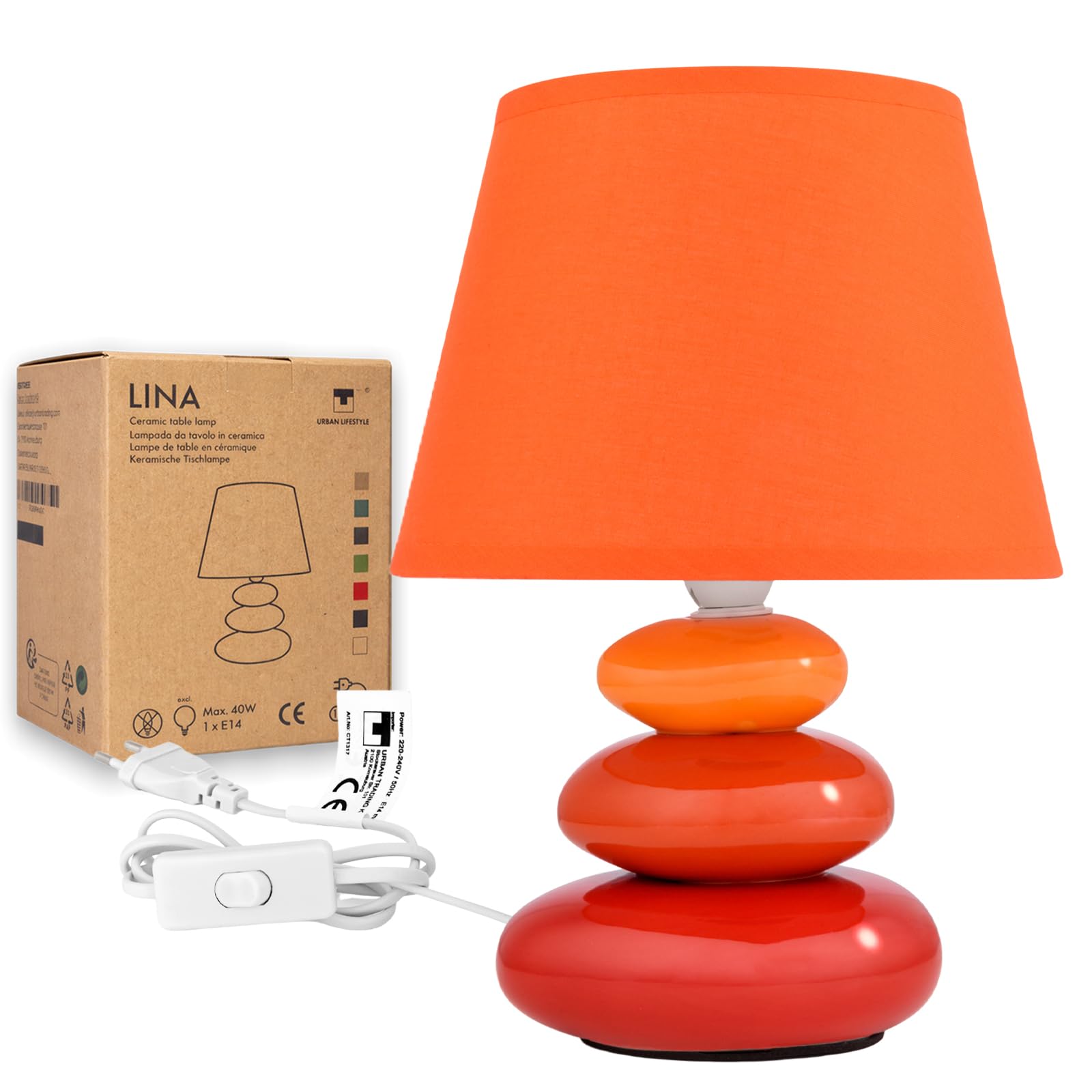 Urban Lifestyle Lampe de chevet Lina (orange) lampe de table en céramique avec abat-jour en tissu, LED appropriée, E14, lampe de table en céramique 230V, lampe de chevet
