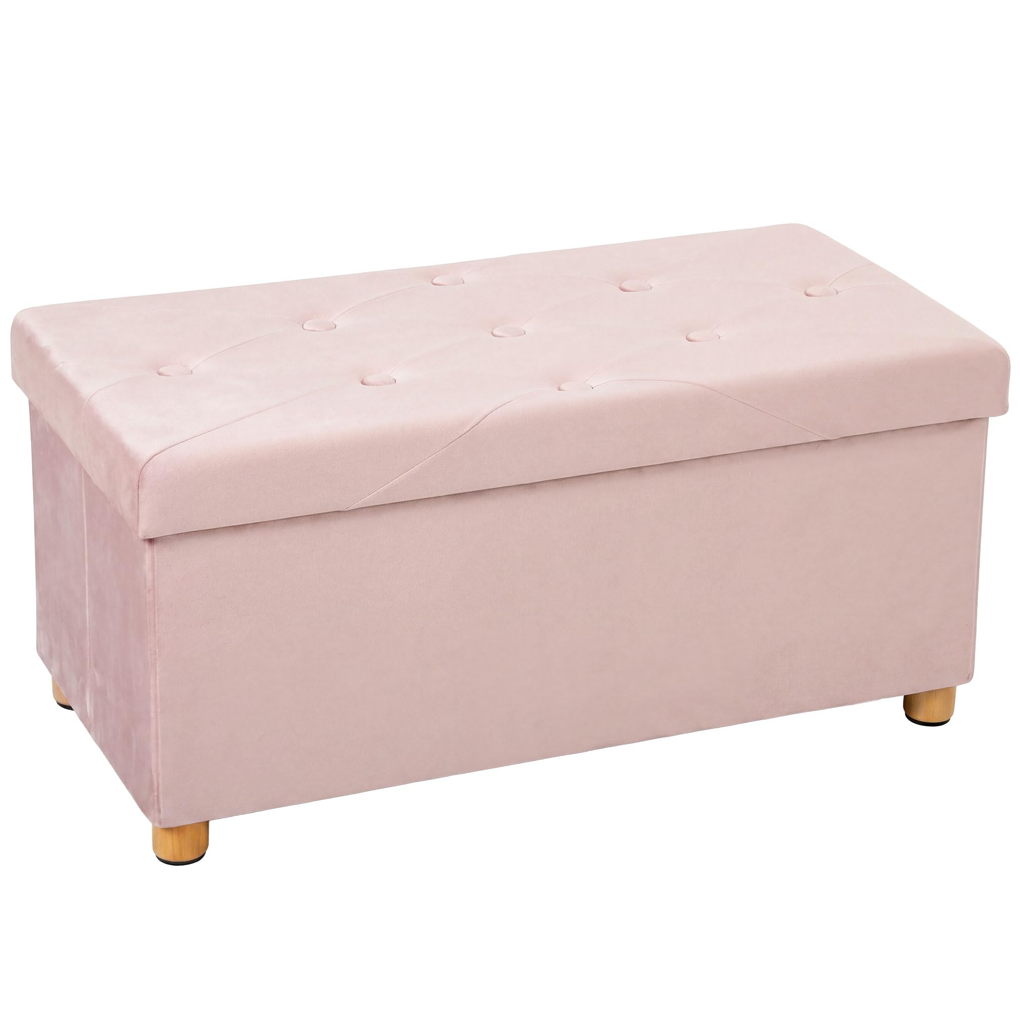 HOMCOM Storage Ottoman Bench Velvet Foldable Footrest Wood Legs Pink