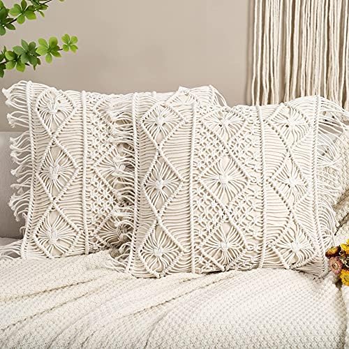 Homesunshine Macramé Pillow Cover- Set of 2 Boho Cushion Cover 100% Cotton Decorative Fringe Pillow Cover Boho Home Decor