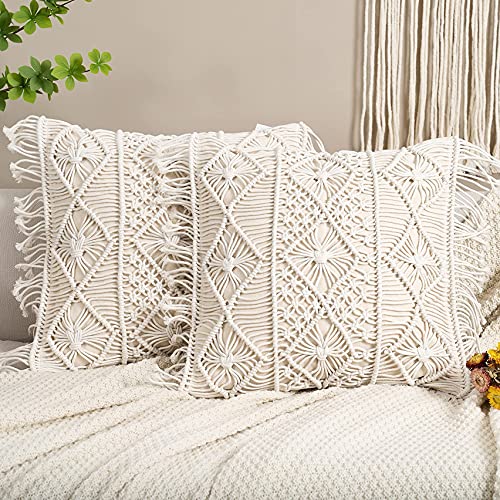 Homesunshine Macramé Pillow Cover- Set of 2 Boho Cushion Cover 100% Cotton Decorative Fringe Pillow Cover Boho Home Decor