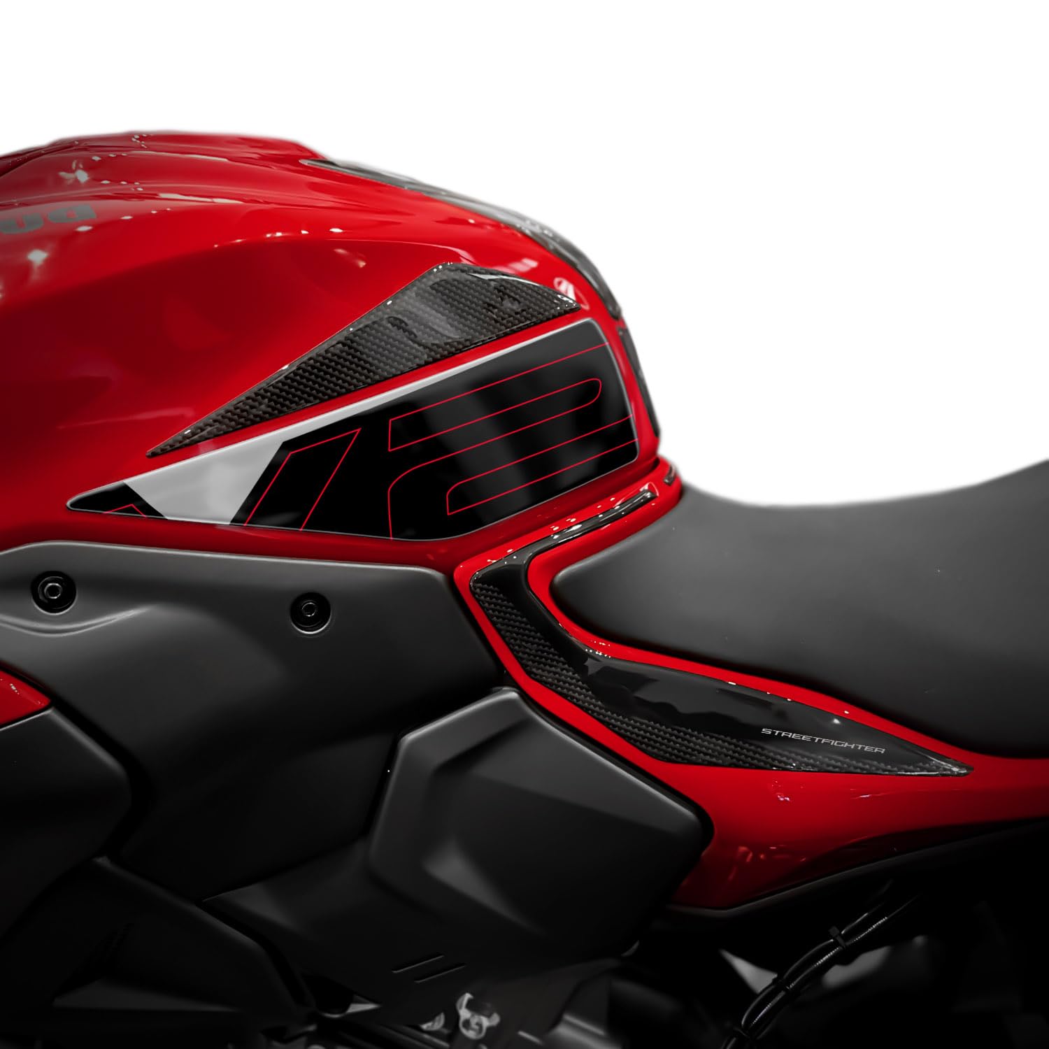 Az Graphishop 3D-Harztank-Seitenaufkleber kompatibel mit Ducati Streetfighter V2 / S 2025 Schutz vor Stößen und Kratzern Motorradzubehör Made in Italy L-SV2-25