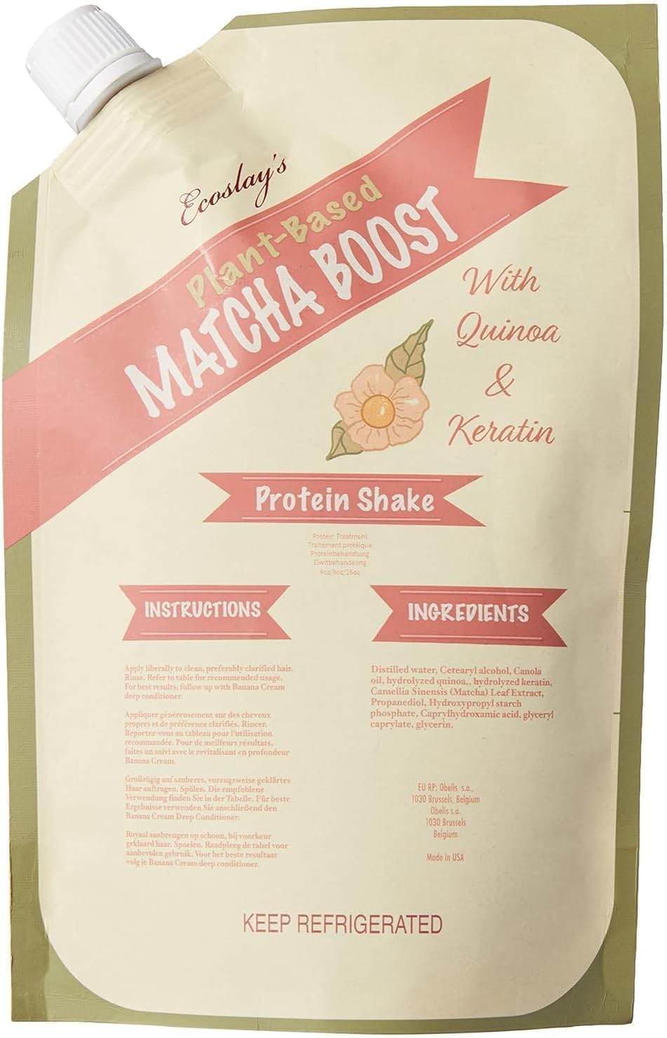 Ecoslay Matcha Boost Protein Shake, Strengthens and Repairs Damaged Hair with Hydrolyzed Quinoa and Vegetable Keratin, 8 oz.