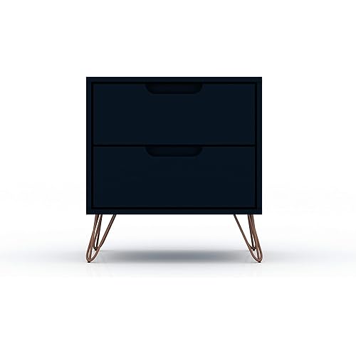 Manhattan Comfort Rockefeller Nightstand with Drawers, Mid Century Modern Bedside Table, Minimalist Display and Storage Organizer, Ideal for Bedroom and Living Room, Midnight Blue