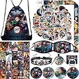 YASAXIMAI Tanjiro Kamado Anime Gift Set, Including Drawstring Backpack, Necklace, Bracelets, Lanyard, Phone Ring Holder, Stickers, Button Pins, Lomo Cards
