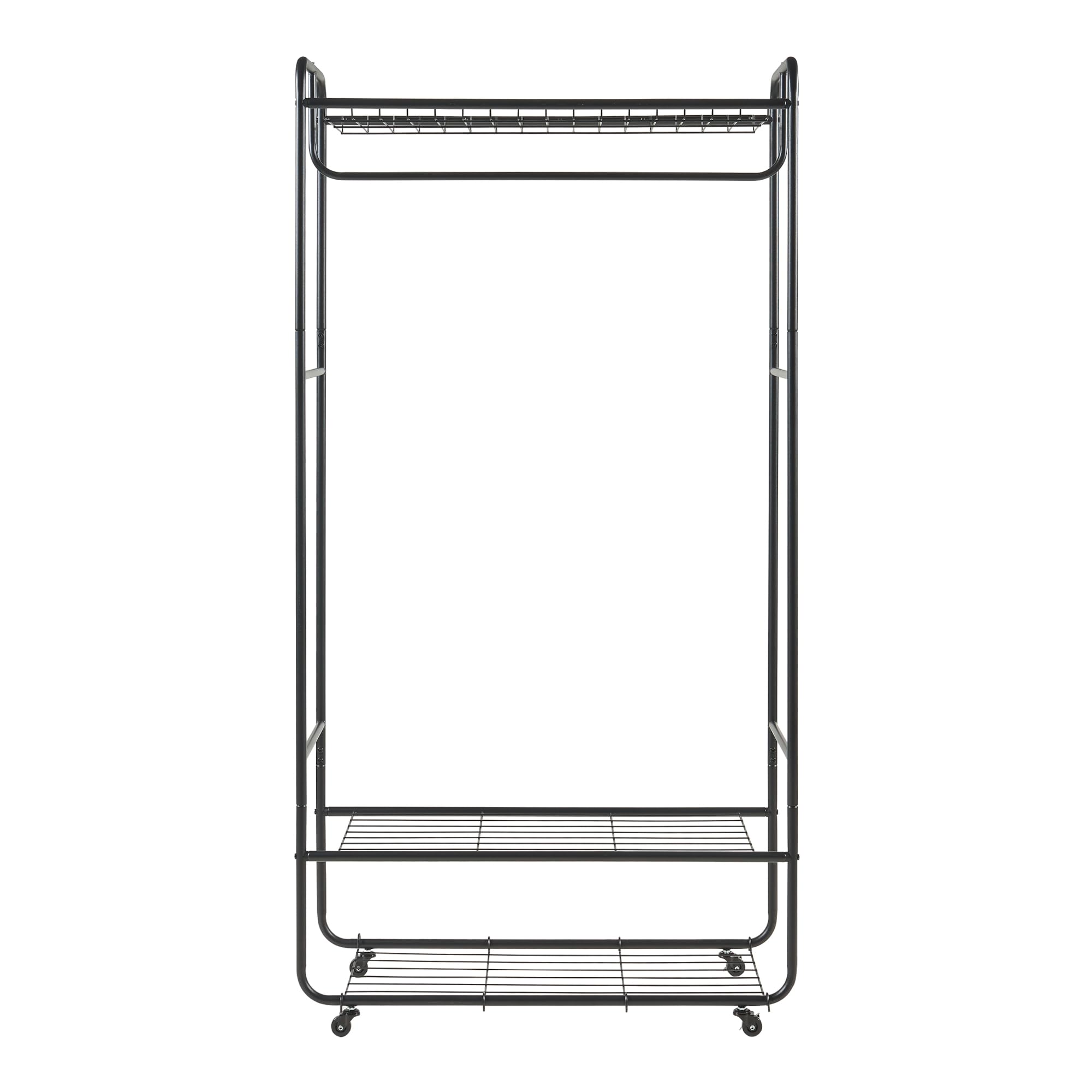 [en.casa] Wieszak na ubrania zwijany Vestvågøy Wieszak na płaszcze na kółkach z drążkiem na ubrania 176 x 90 x 40 cm Wieszak na ubrania do przedpokoju z 3 półkami siatkowymi Metal Czarny