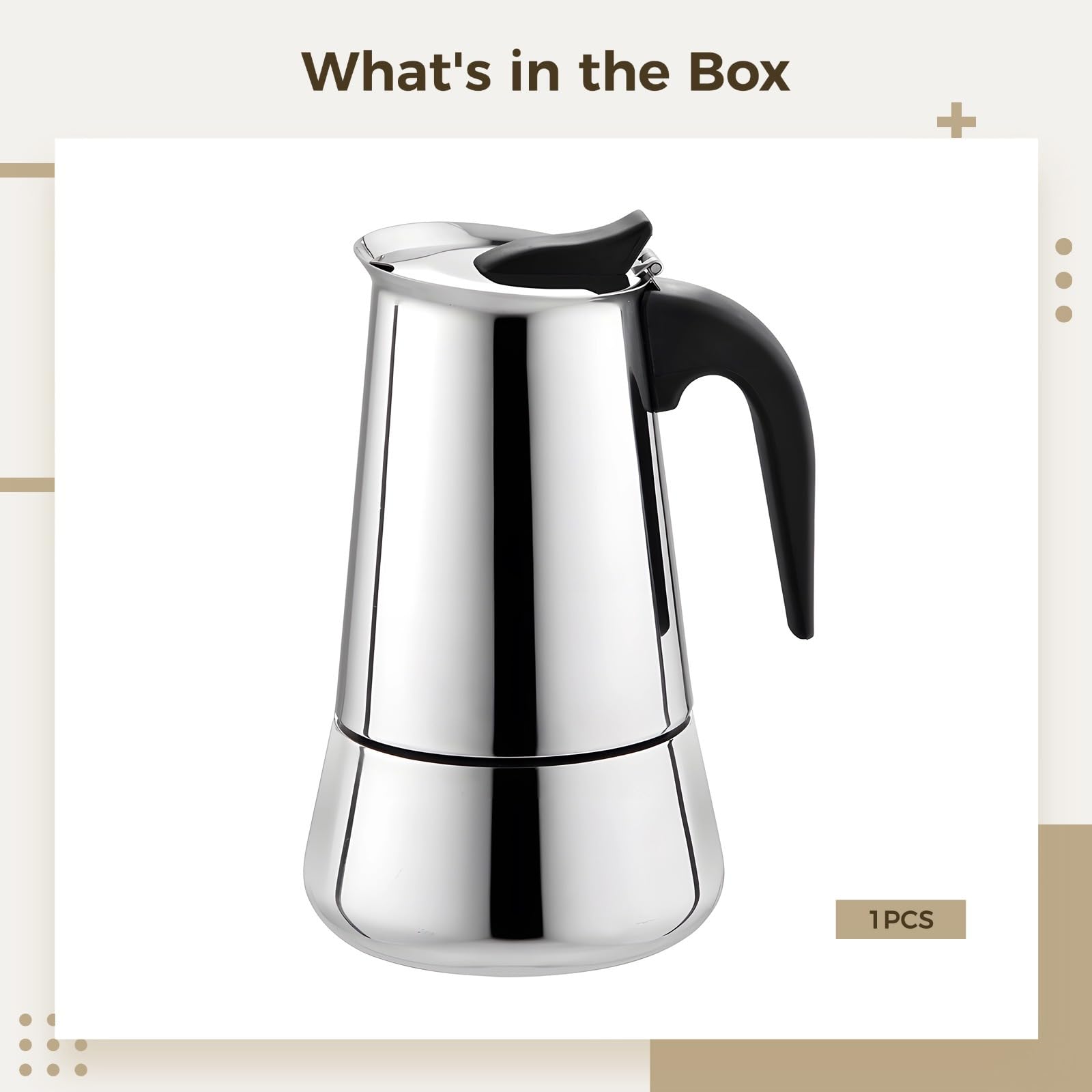Cafetera italiana de 6 tazas, diseño compacto de acero inoxidable, apta para lavavajillas para todas las estufas