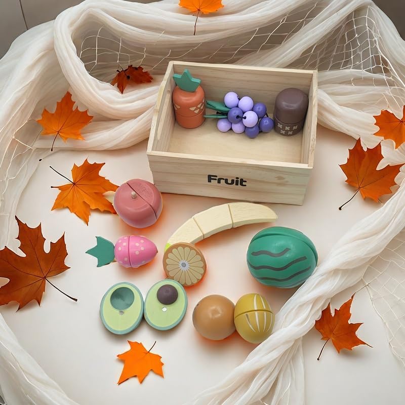 Miniatura 9 de Juguetes de cocina, juguetes de madera y 6 cajas, comida falsa, herramienta de cocina, 100% madera, juegos de alimentos, cocina para niños, frutas,