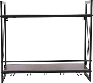 Portabottiglie da Parete Industriale, Ripiano in Legno a 2 Livelli con 5 Porta Calice in Vetro, Portabottiglie da Appendere in Legno e Metallo Rustico, Ripiano Galleggiante, 7,9x23,6x21,3 Pollici