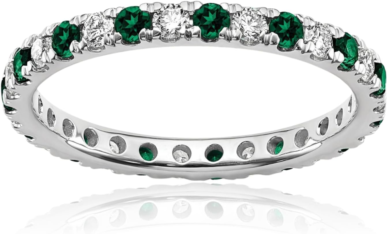 IceCarats 14K Solid White Gold 0.70 carat Lab Green Emerald Diamond Stackable Eternity Anniversary Ring 2.23mm Slim Band Round Cut, Prong Set