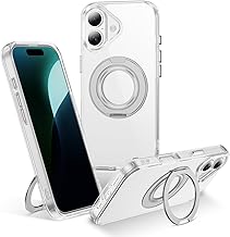 Compatible iPhone 17 Case, Clear, iPhone 17 Case, Magsafe Compatible, 360° Rotating Stand, In-Car Holder, Compatible with Fingerprint Prevention, Yellow Prevention, Shockproof, US Military MIL