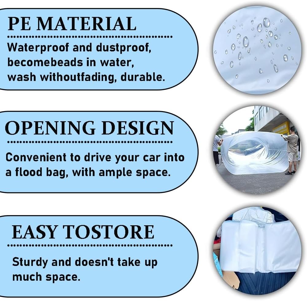 Universal Plastic Car Cover, Fully Enclosed Sealed Car Flood Cover, 13x23 ft Universal Plastic Car Cover, Reusable PE Material
