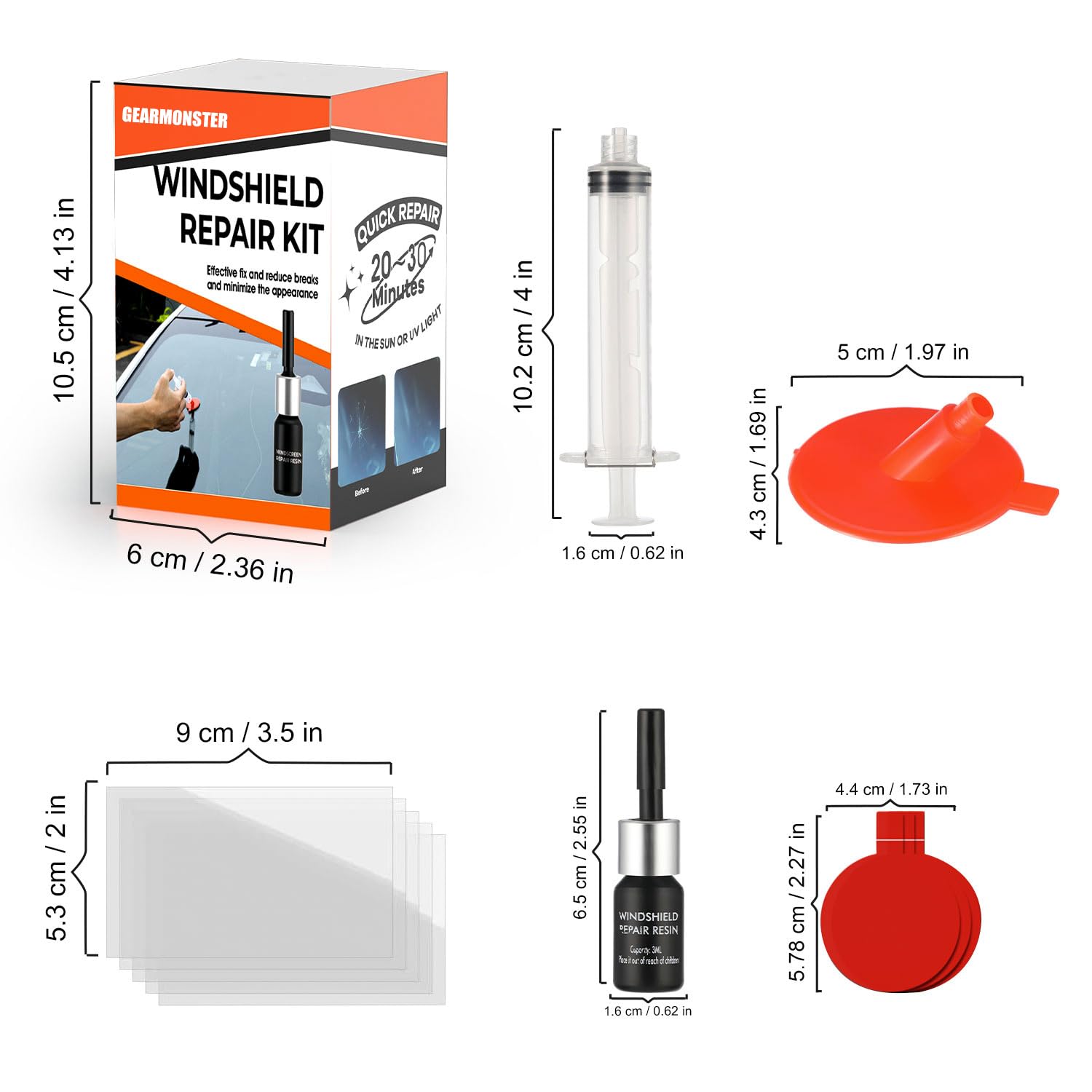 GEARMONSTER Kit di riparazione parabrezza strumento, riparazione scheggiature da sassi auto parabrezza anteriore liquido di riparazione vetro, liquido riparazione vetro, riparazione graffi, crepe
