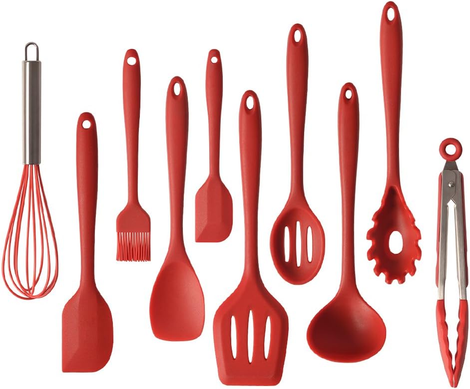 Silicone Kitchen Utensils 10 Sets,Heat Resistant and Non-Stick Cooking Spatulas for Pots & Pans - Serving Tong, Spoon, Spatula Tools, Whisk, Kitchen Gadgets Utensil Sets (Red)
