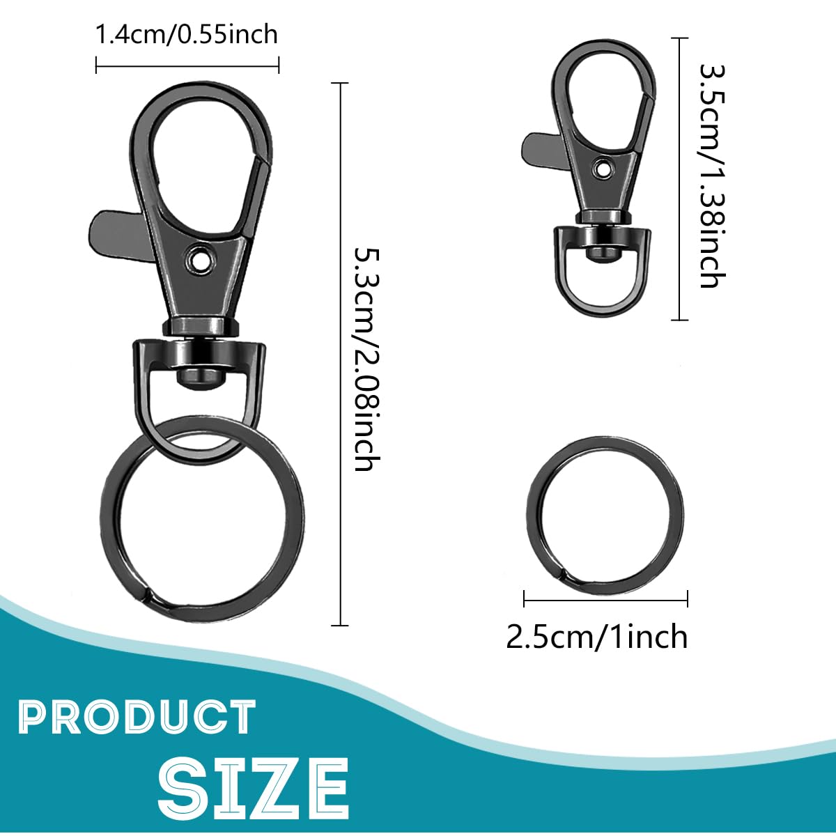 100 ganchos para llavero con llavero, ganchos de clip para llavero con anillos para hacer joyas, manualidades, color negro (50 cierres de mosquetón de metal + 50 llaveros planos)