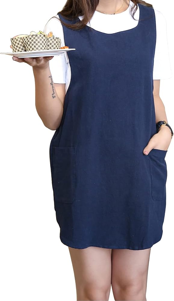 Japón Estilo Delantal, Color Sólido Azul, Algodón Lino, Diseño Acortado con Bolsillos para Cocina, Panadería, Floristería, Cerámica
