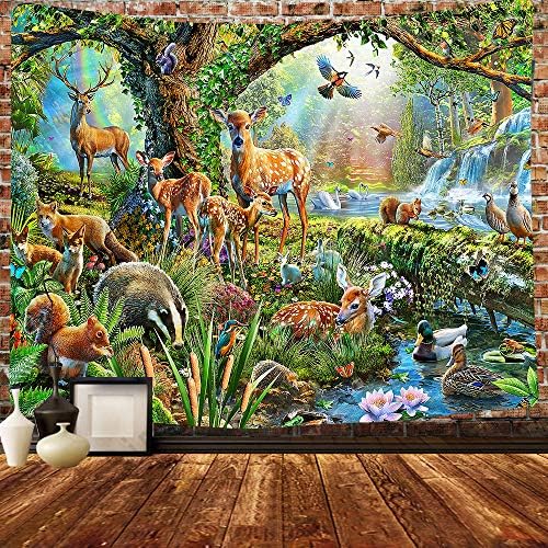 Simsant Animal World Tapestry Fairyland Forest Psychedelic Rainbow Animal Decor Wall Tapestry Cute Funny Animals Resting Under The Ancient Tree 80x60inches Bedroom Living Room Decor SIZY0663