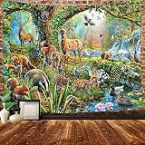 Simsant Animal World Tapestry Fairyland Forest Psychedelic Rainbow Animal Decor Wall Tapestry Cute F