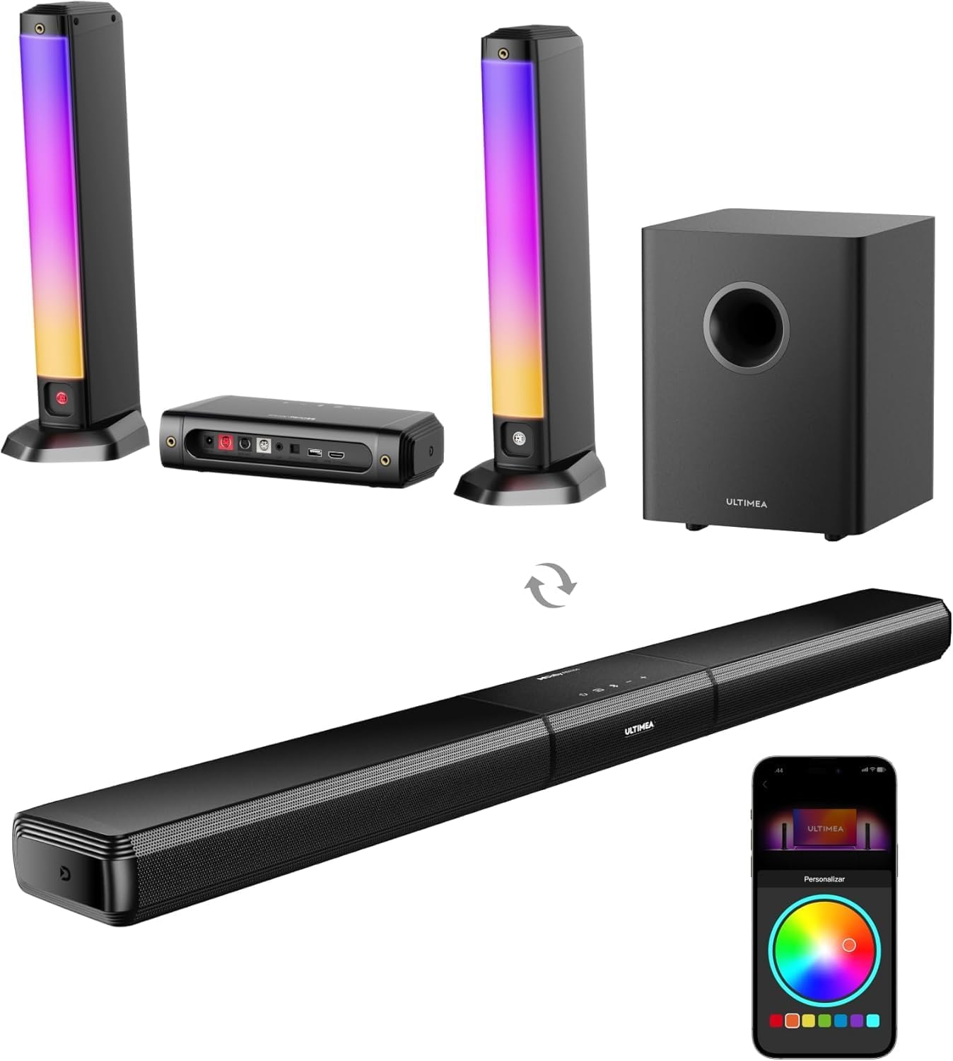 ULTIMEA 5.1ch Sound Bar w/Dolby Atmos, Surround Sound System for TV with Subwoofer, Detachable Soundbar for Smart TV, RGB Light, App Control, 320W Peak Power Soundbar, HDMI eARC/OPT/AUX/BT, Apollo S80