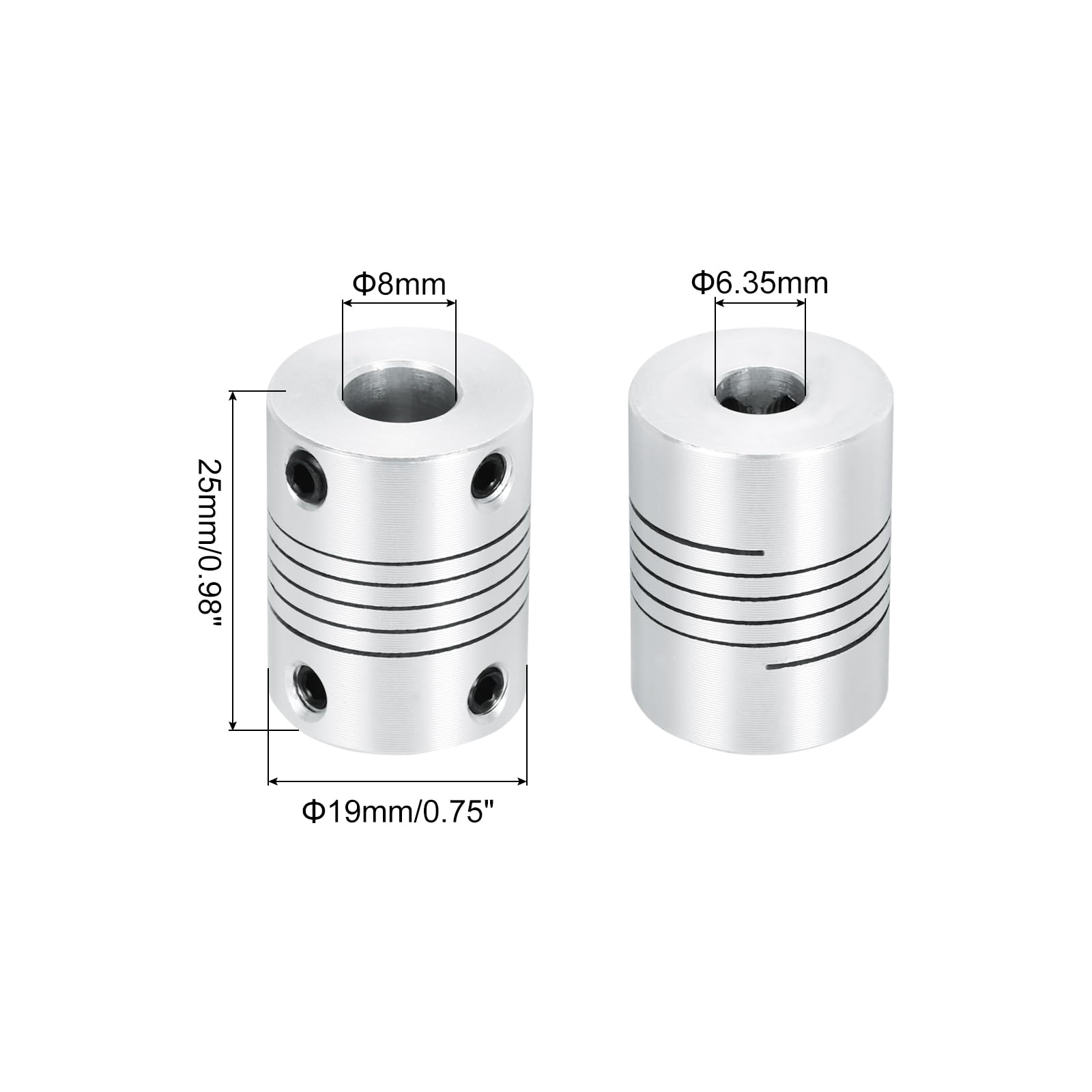 QUARKZMAN 2 sztuki 6,35 mm do 8 mm sprzęgło wału ze stopu aluminium L25xD19 elastyczne złącze belkowe do drukarki 3D CNC DIY enkoder i wałów silnika, srebrne