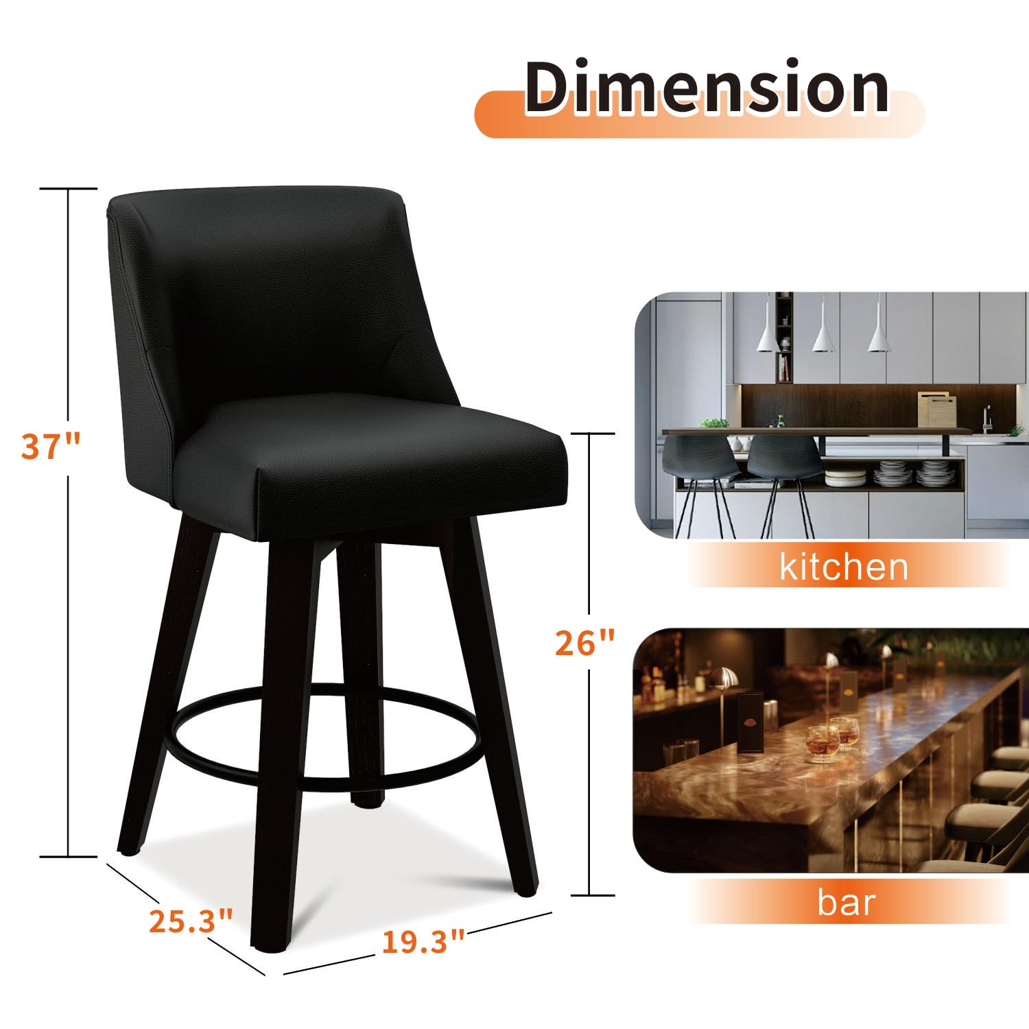 MUUEGM Counter Height Bar Stools Swivel with Back Set of 2, 26In Height Bar Stools with Solid Wood Stand, Faux Leather Upholstered Counter Height Bar Stool with Thicken Cushion Back, Black