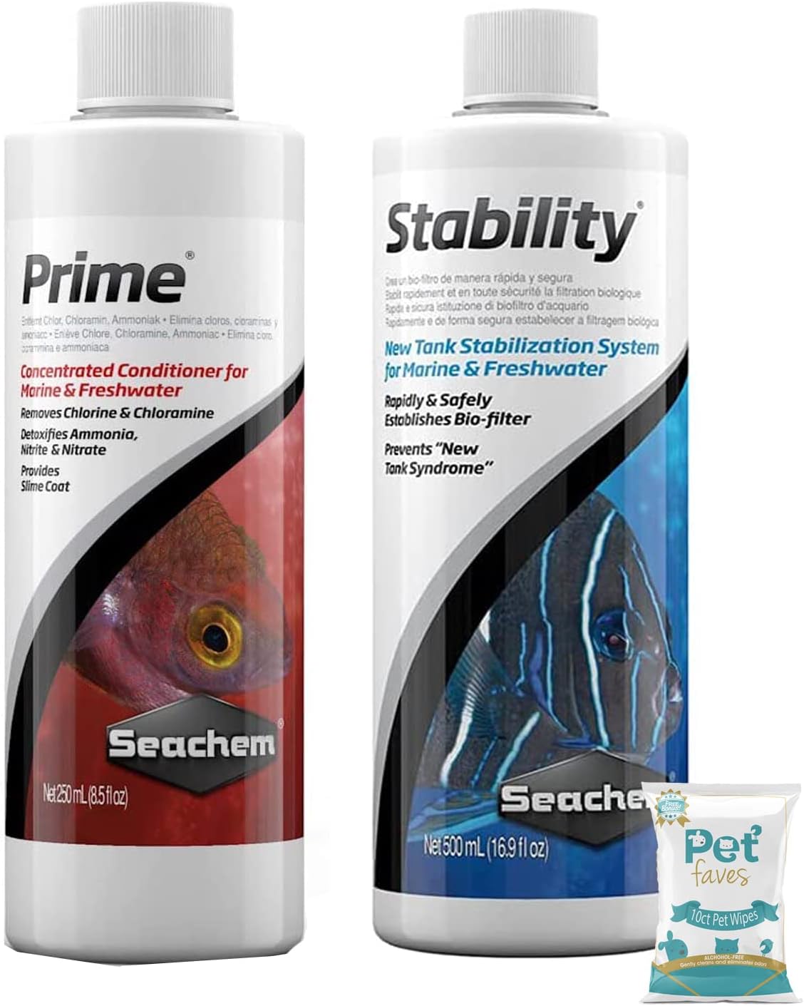 Prime Fresh and Saltwater Conditioner 500ml, Stability Fish Tank Stabilizer 500ml and 10ct Pet Wipes (Prime & Stability)