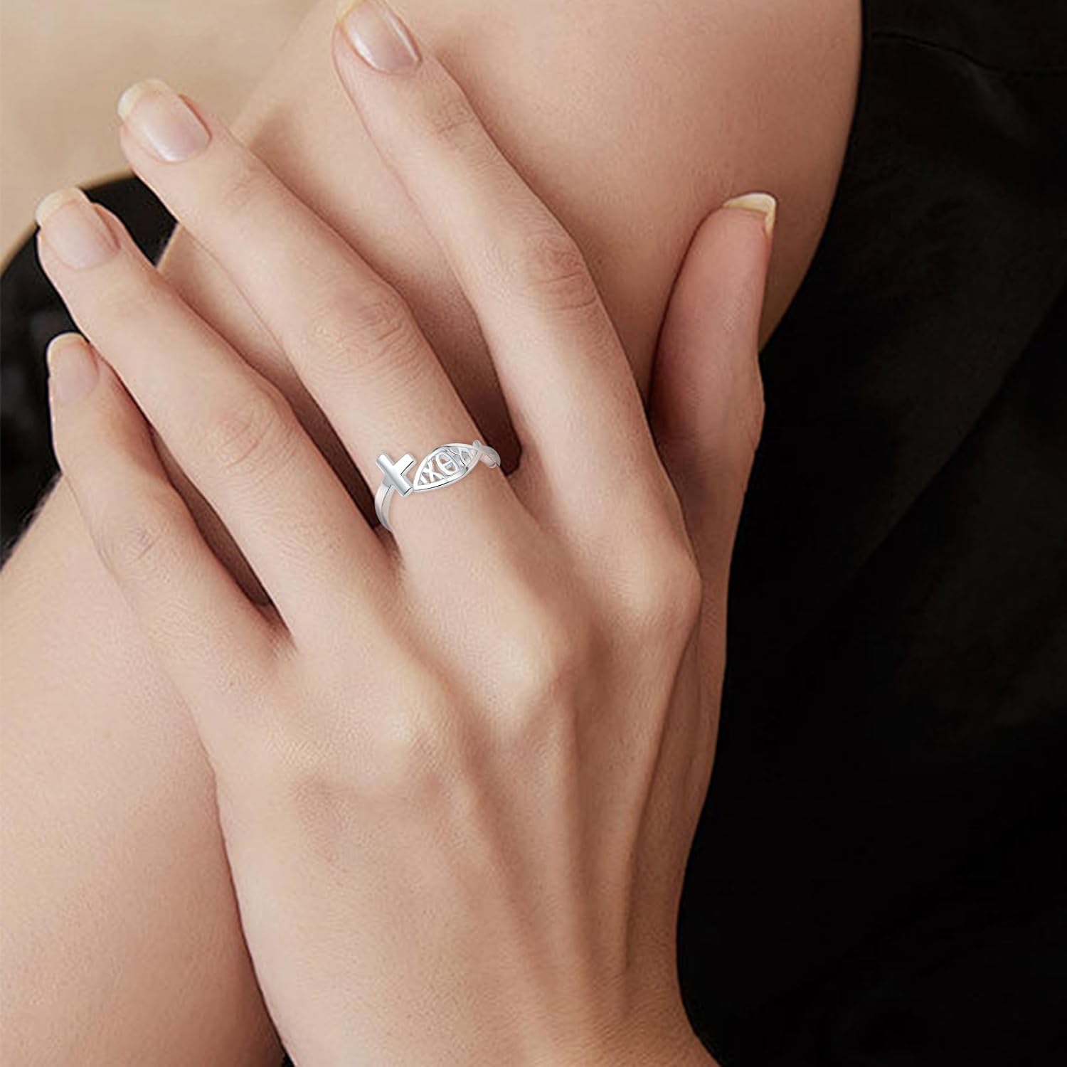 925 Sterling Silver Cross Ring Jesus Fish Ring - Faith-Inspired Christian Jewelry for Women Adjustable Religious Ring for Church Members