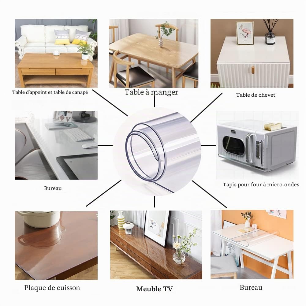 Nappe de table imperméable en PVC transparent de 1,5 mm - Facile à nettoyer - Pour la maison et la cuisine - Transparente - 90 x 220 cm