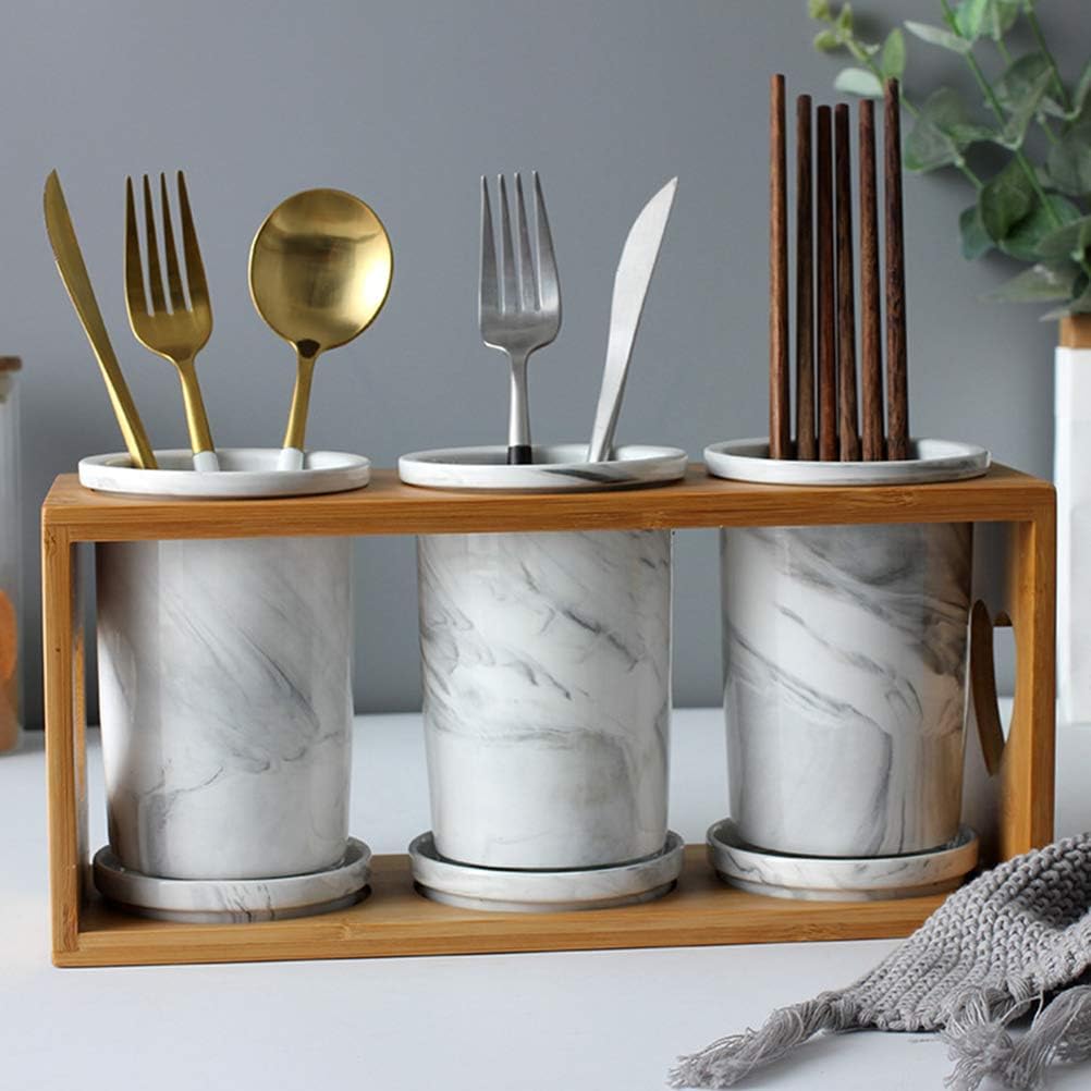 DOITOOL 1pc Marble Grain Ceramic Cutlery Storage Canister Bracket Kitchen Utensil Organizer for Chopsticks Spoons and Forks Elegant Tableware Storage Rack
