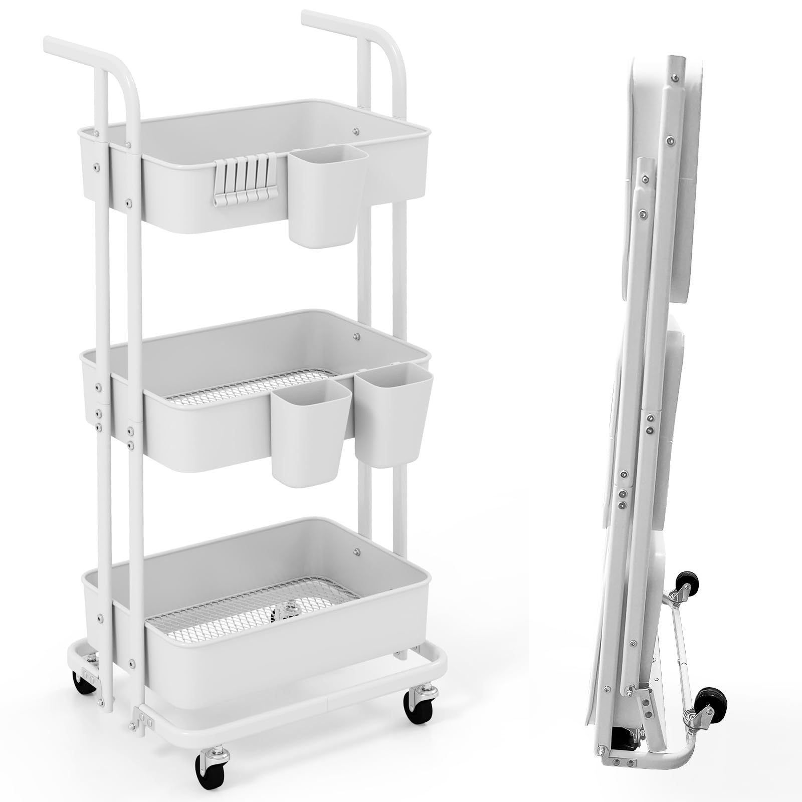 RELAX4LIFE Carrello di Stoccaggio Pieghevole a 3 Livelli, Carrello da Cucina con 3 Portabicchieri Appesi, 6 Ganci, Ruote Bloccabili, Carrello da Servizio per Cucina, Soggiorno, Sala da Pranzo